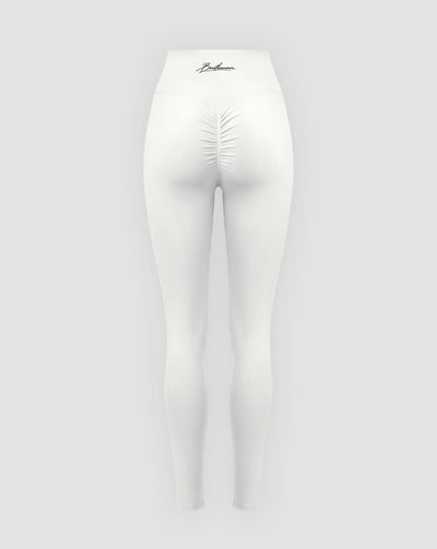 BEASTHAMMER Signature scrunch leggings in white, flat back view with the scrunch seam and the handwritten Beasthammer script logo on the waistband
