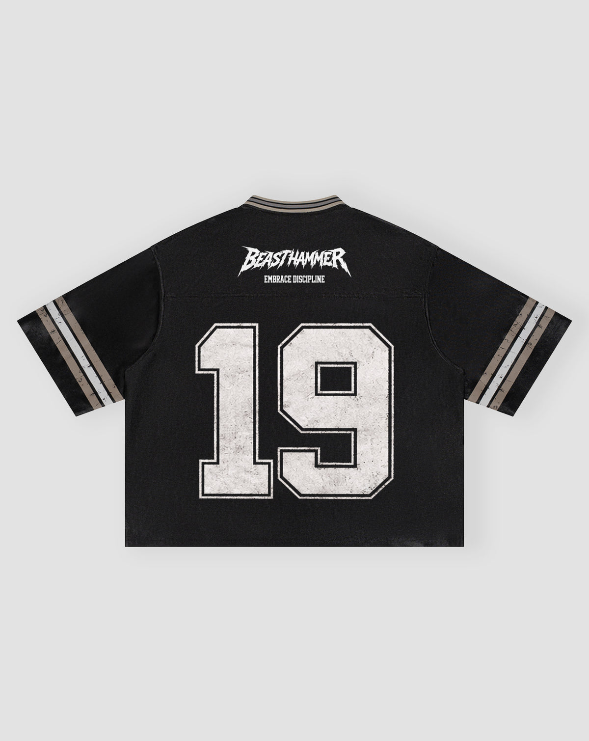 BEASTHAMMER Varsity 19 Jersey in black laid flat, back view with BEASTHAMMER logo, EMBRACE DISCIPLINE and a distressed white 19