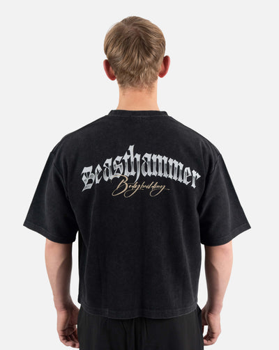 BEASTHAMMER Waffle boxy t-shirt in washed black, worn back view with the Beasthammer script print