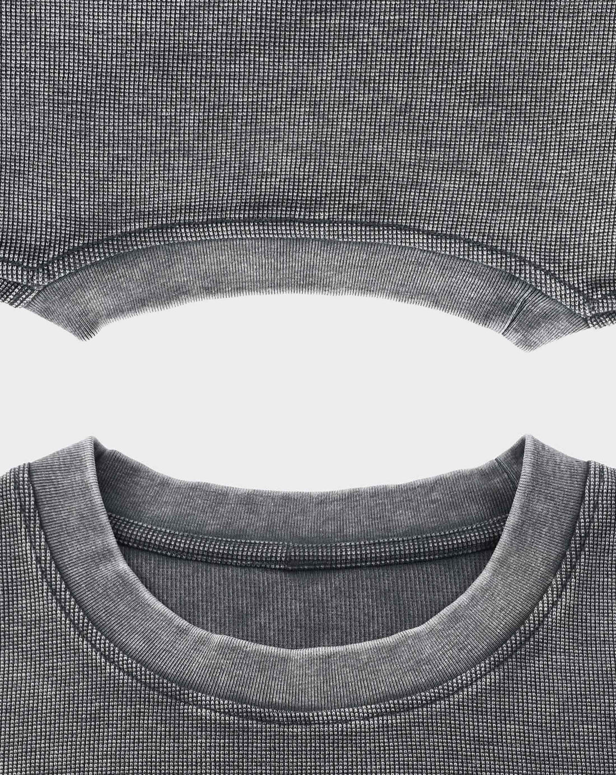 BEASTHAMMER Waffle boxy t-shirt in washed grey, close-up of the ribbed crew neck, outside and inside