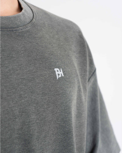 BEASTHAMMER Waffle boxy t-shirt in washed grey, close-up of the waffle texture and BH chest logo