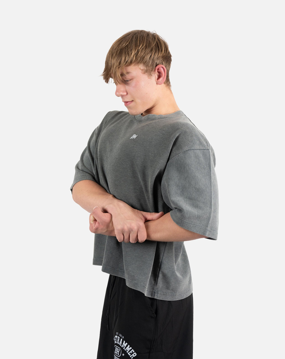 BEASTHAMMER Waffle boxy t-shirt in washed grey, worn front view showing the boxy fit