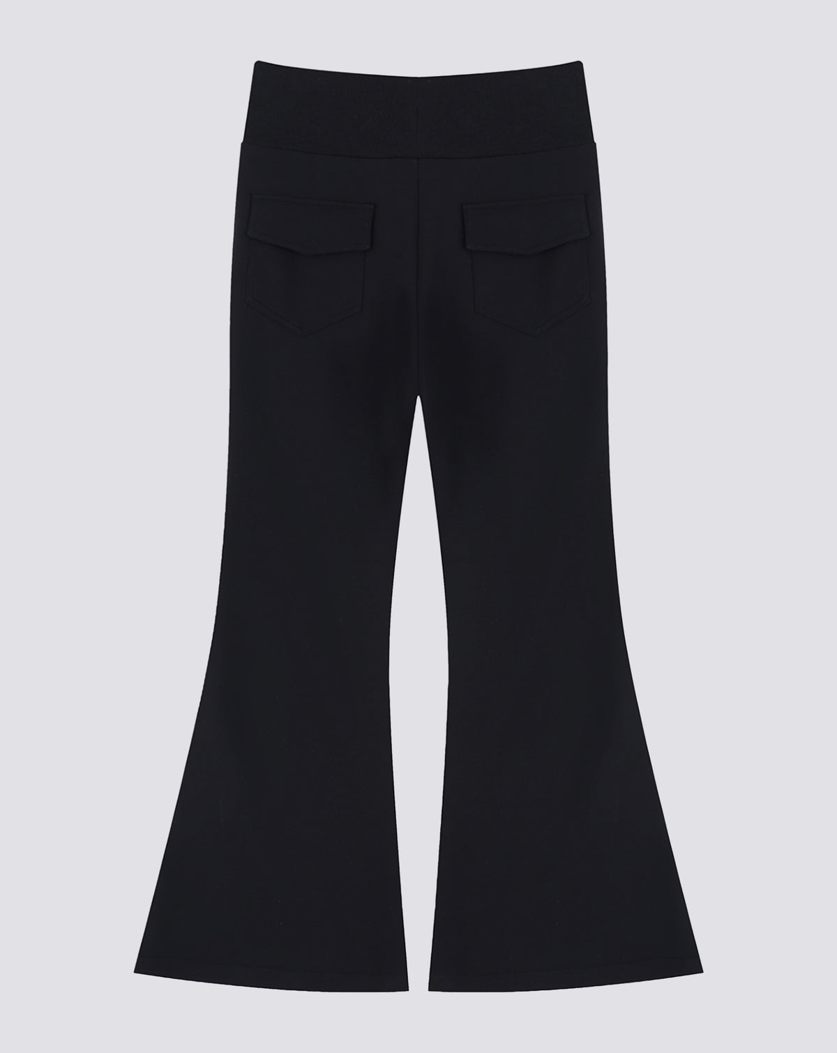 BEASTHAMMER Rest flare pants in black, flat back view with patch pockets