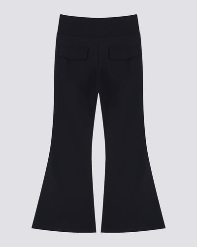 BEASTHAMMER Rest flare pants in black, flat back view with patch pockets