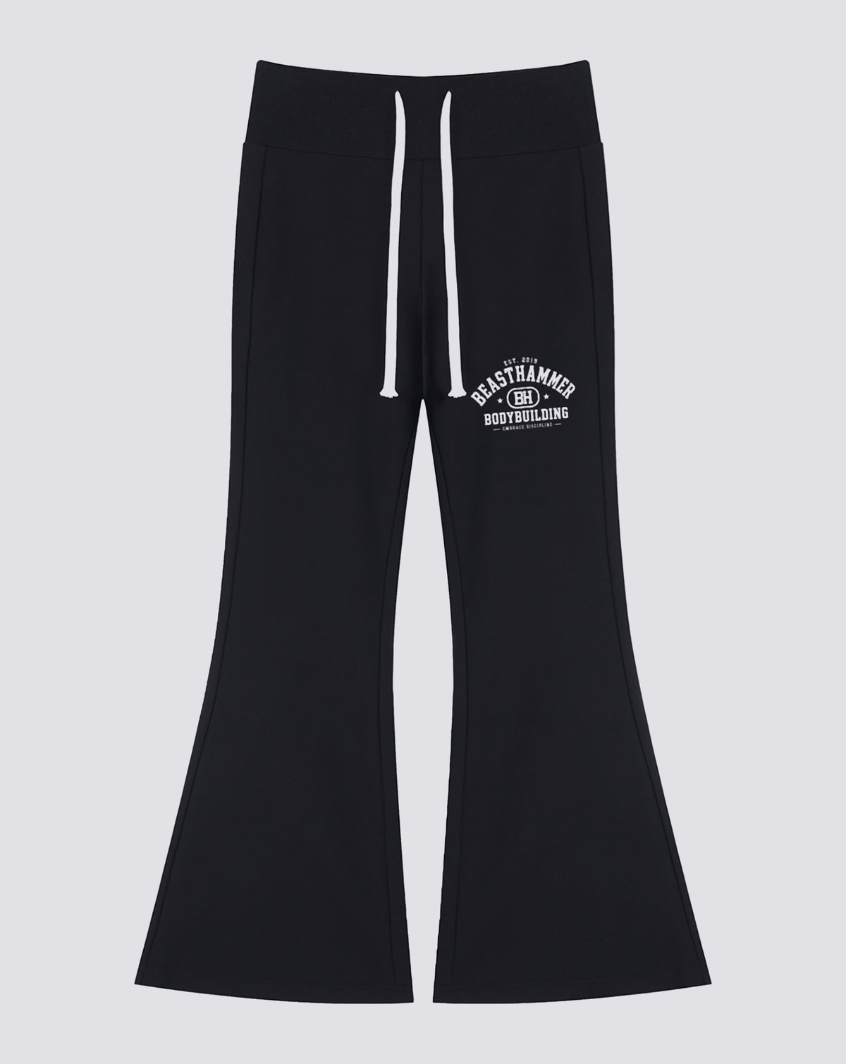 BEASTHAMMER Rest flare pants in black, flat front view