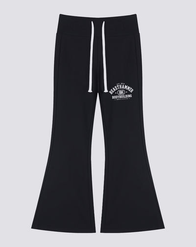 BEASTHAMMER Rest flare pants in black, flat front view