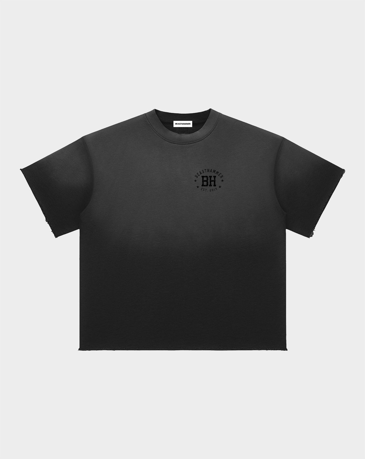 BEASTHAMMER Formed by Discipline raw edge t-shirt in black, front view with chest logo