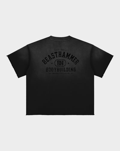 BEASTHAMMER Formed by Discipline raw edge t-shirt in black, back view with BEASTHAMMER BODYBUILDING print