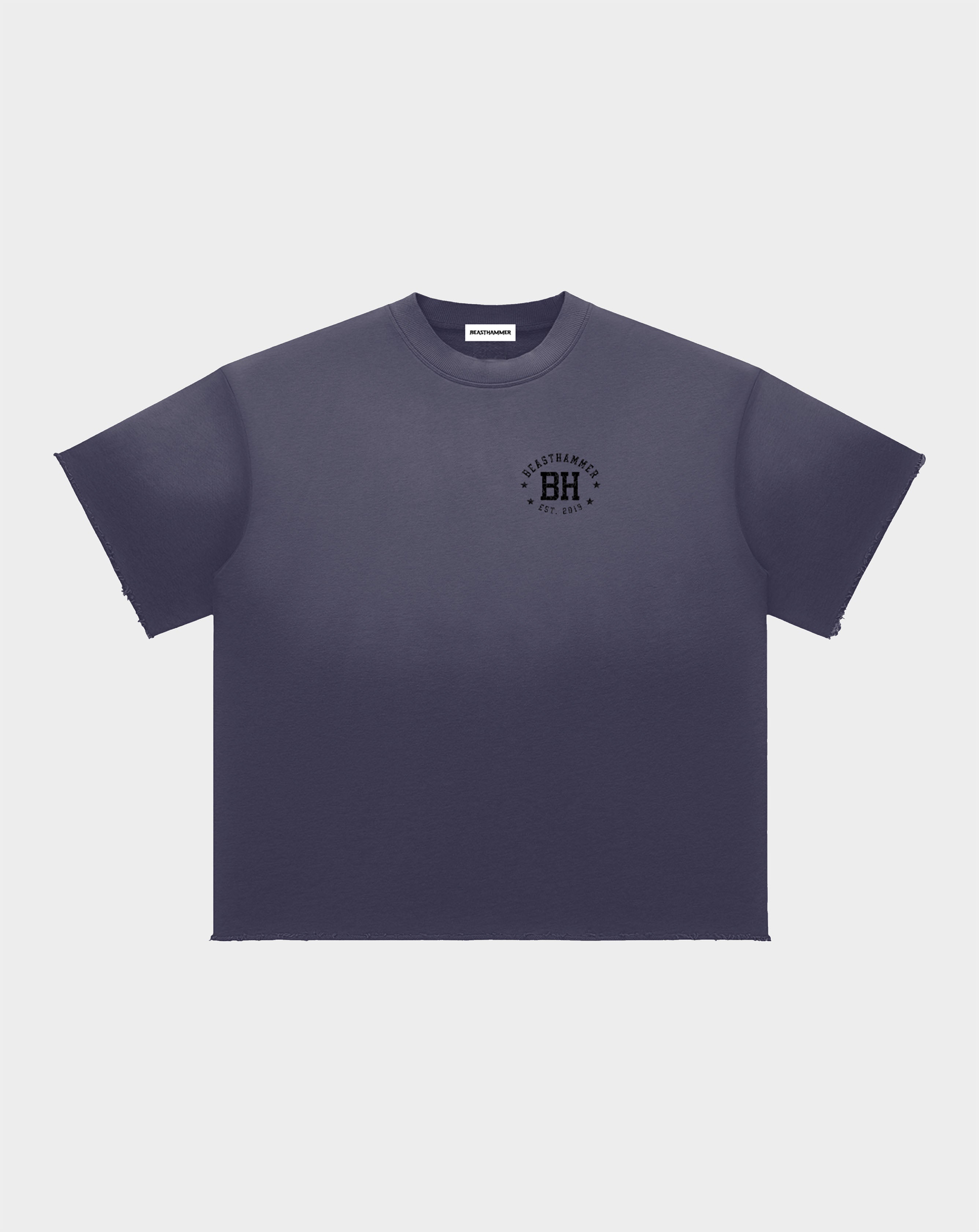BEASTHAMMER Formed by Discipline raw edge t-shirt in dark blue, front view with chest logo