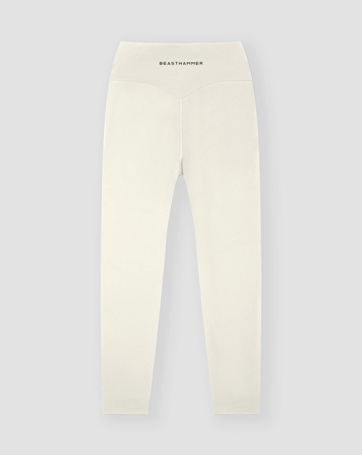 BEASTHAMMER Form high rise leggings in beige, flat back view with the BEASTHAMMER wordmark on the waistband and a V-shaped back yoke