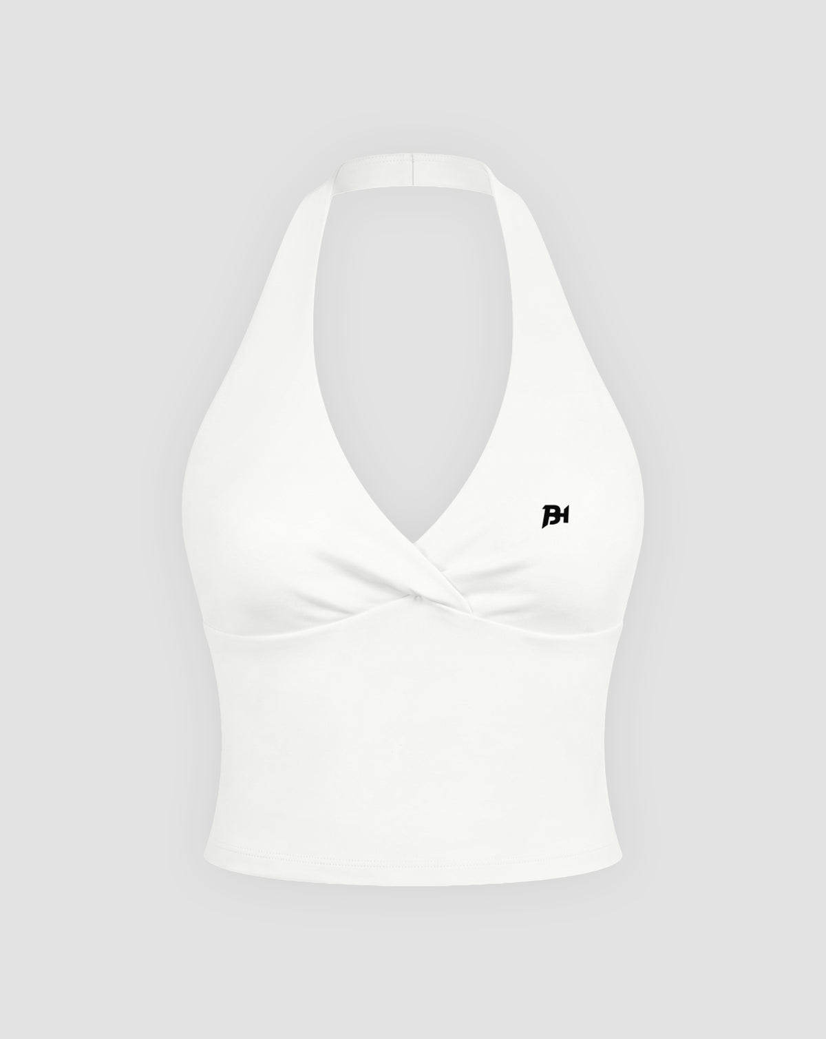 BEASTHAMMER Signature halter top in white, flat front view showing the halter neck, ruched twist and BH monogram