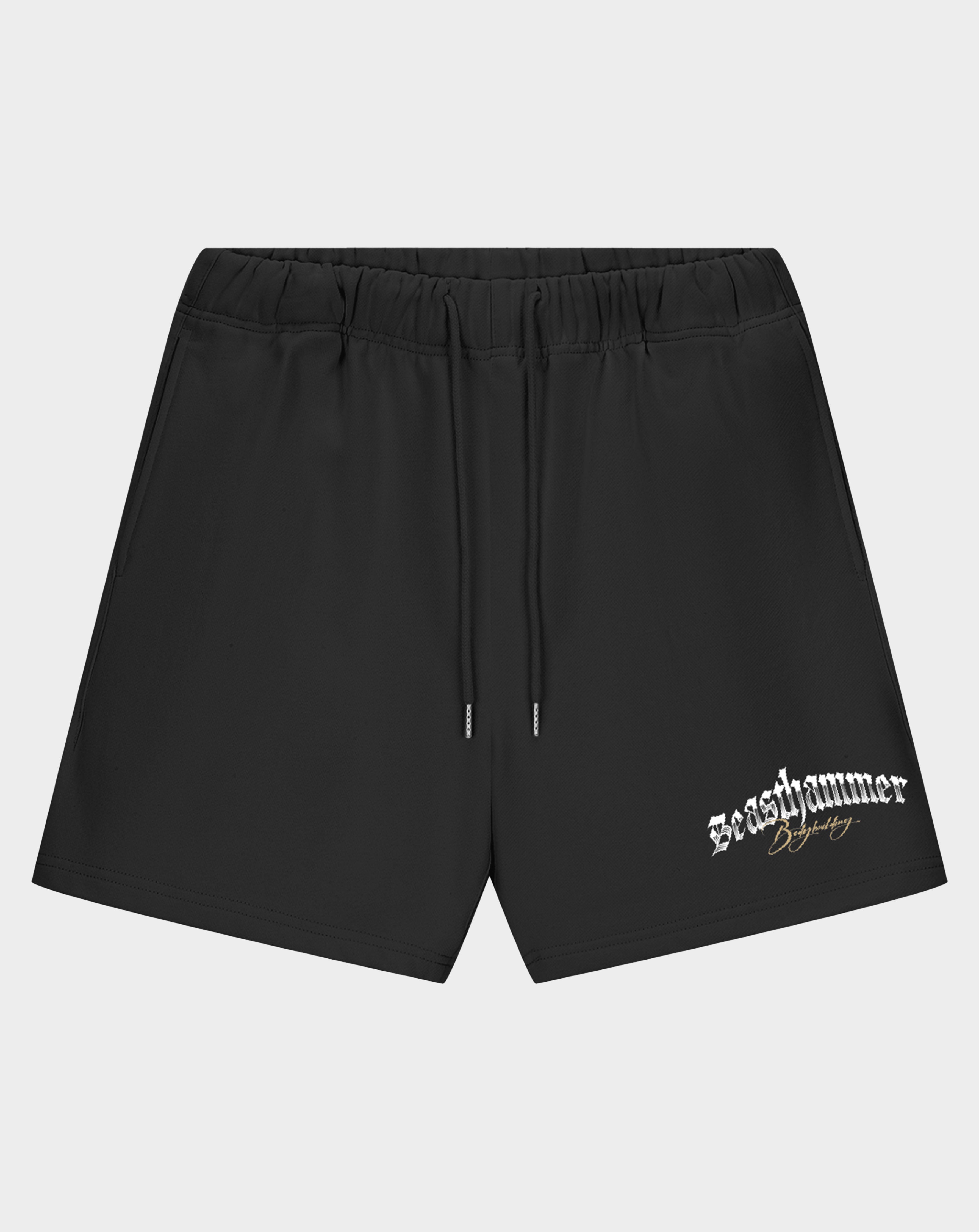 Black athletic shorts with an elastic waistband, drawstring, and a white 'Beasthammer' logo printed on the lower left leg, shown against a light gray background.