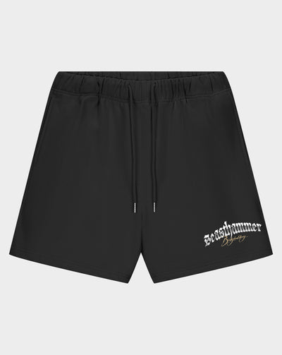 Black athletic shorts with an elastic waistband, drawstring, and a white 'Beasthammer' logo printed on the lower left leg, shown against a light gray background.