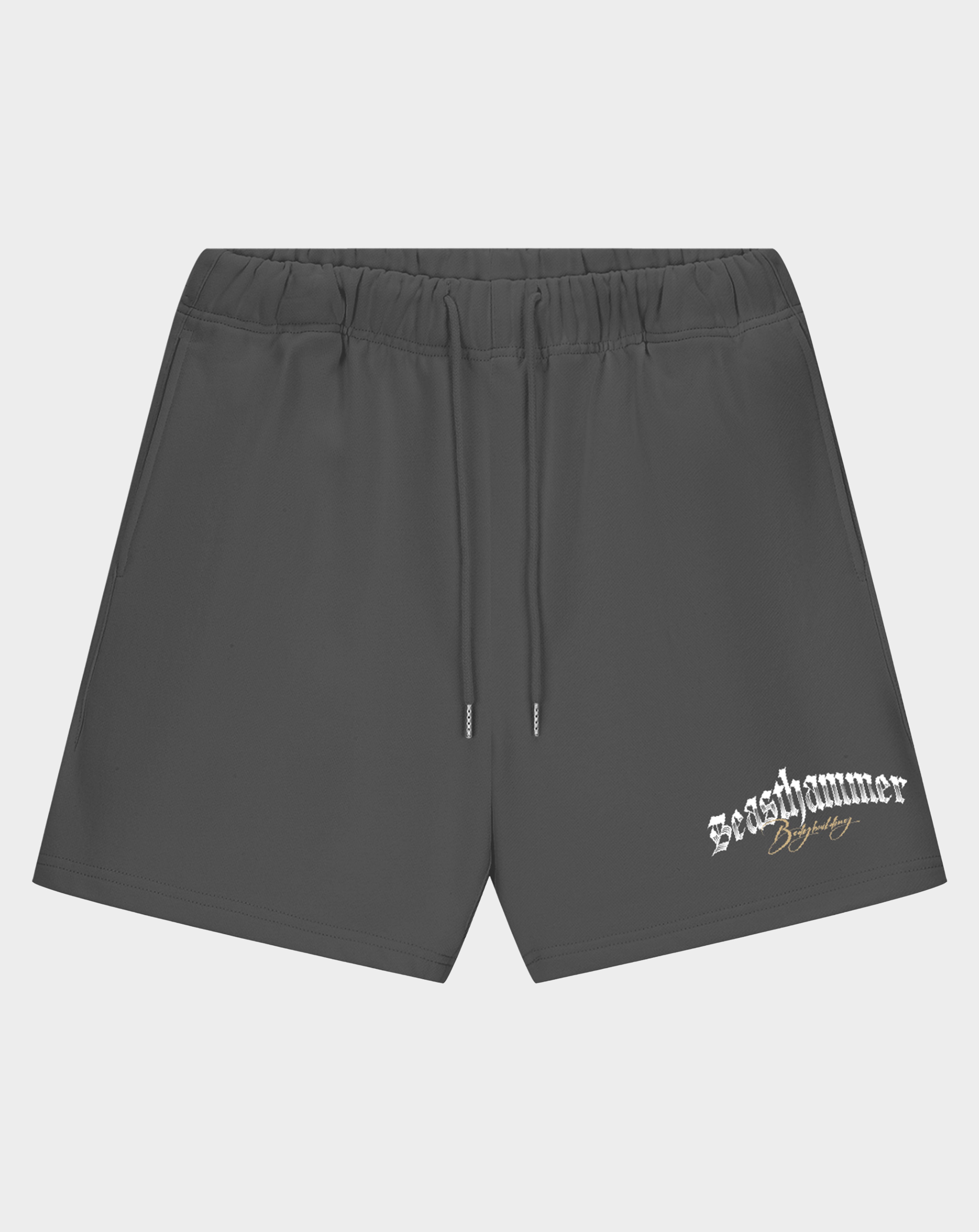 Dark gray athletic shorts with an elastic waistband, drawstring, and a white 'rashhammer' logo printed on the lower left leg, shown against a light gray background.