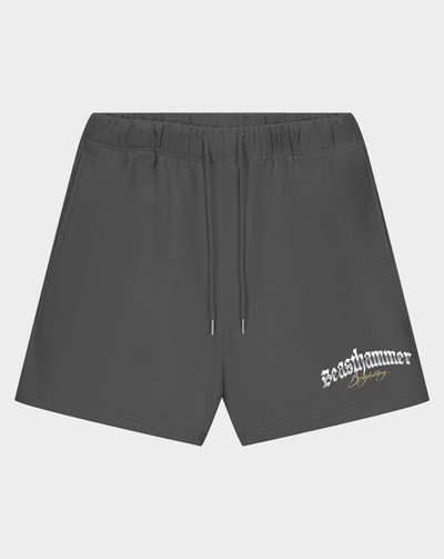 Dark gray athletic shorts with an elastic waistband, drawstring, and a white 'rashhammer' logo printed on the lower left leg, shown against a light gray background.