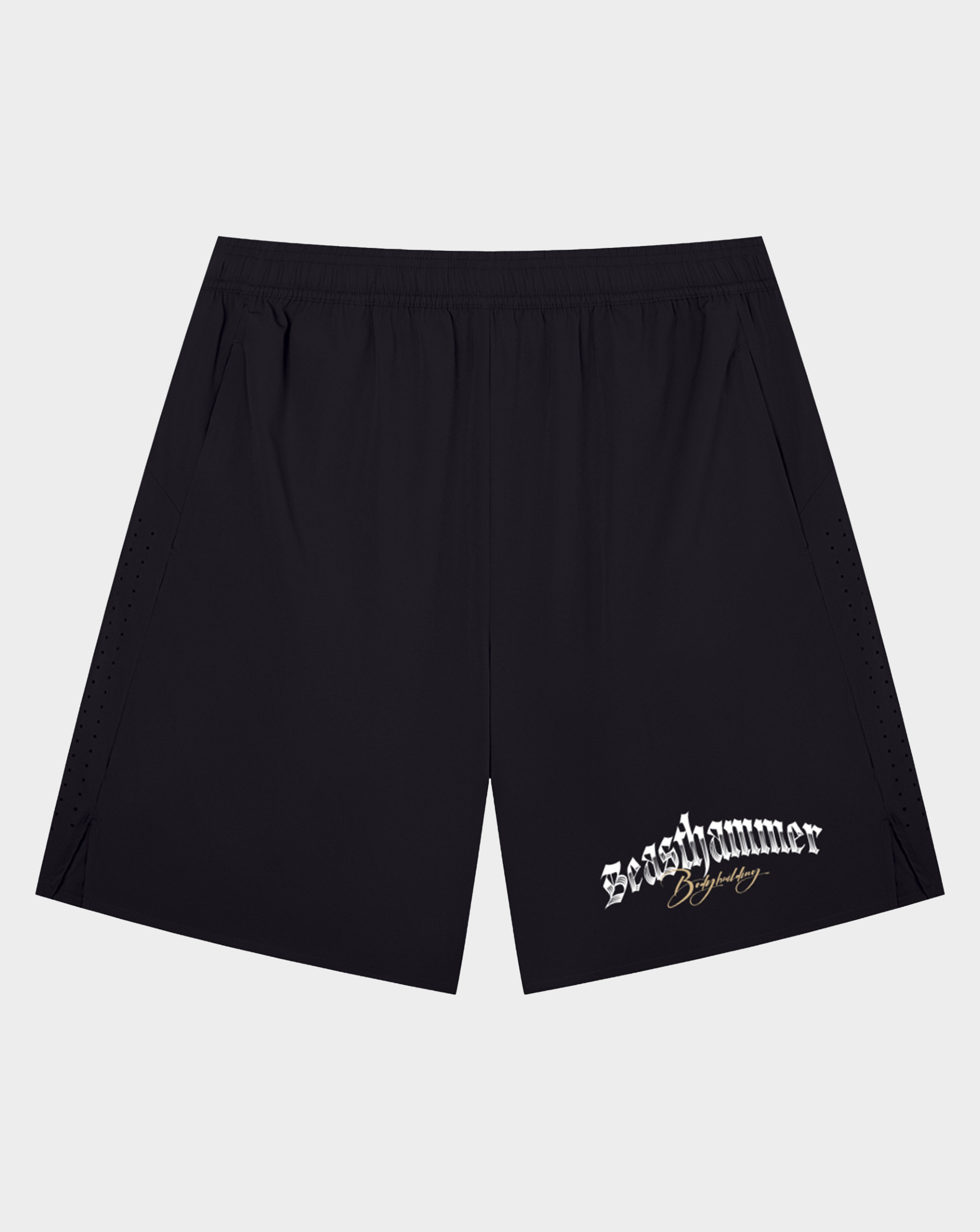 Black athletic shorts with an elastic waistband and a white 'Bosshammer' logo printed on the lower left leg, shown against a light gray background.