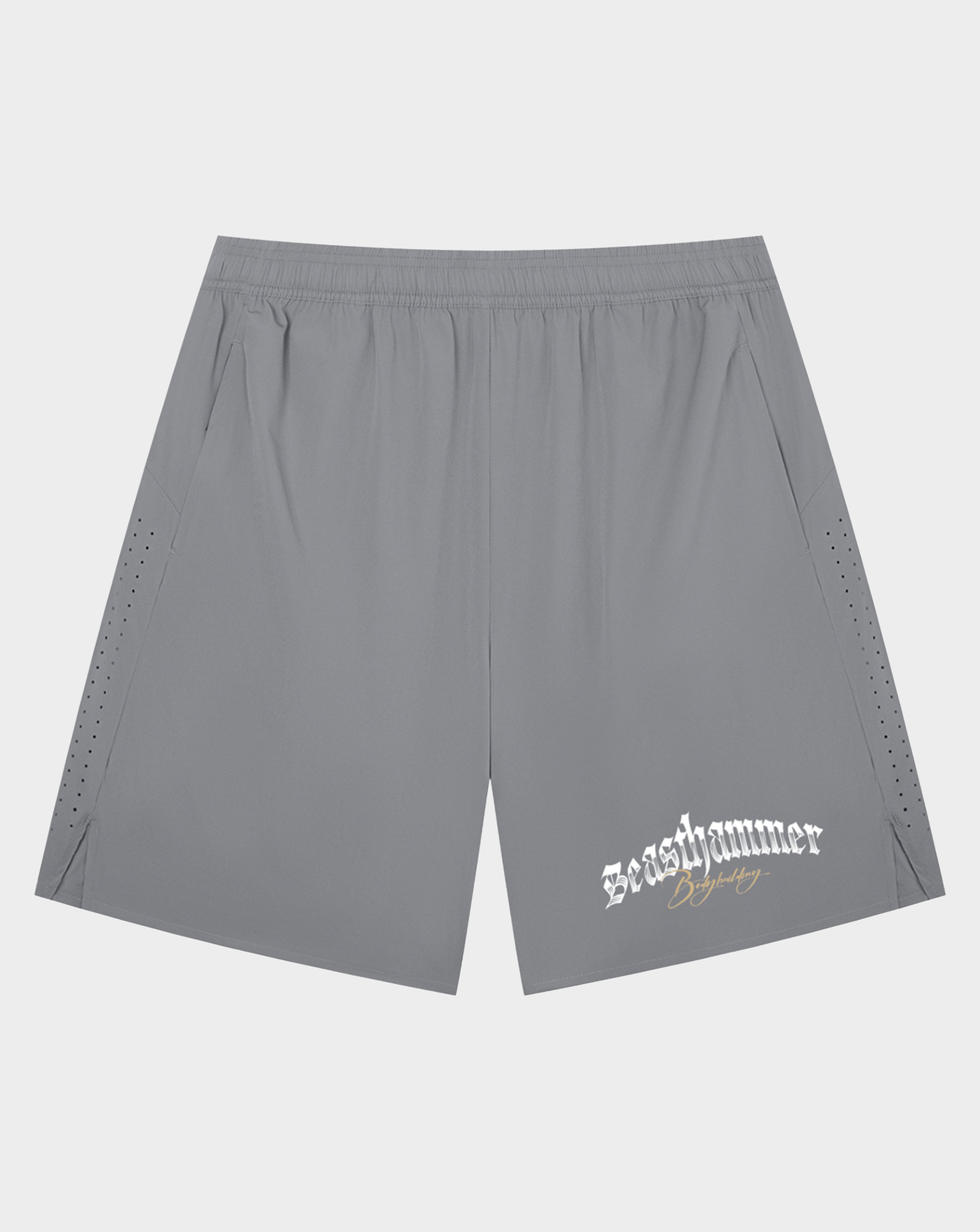 Gray athletic shorts with a white 'Bosehammer' logo printed on the lower left leg, featuring perforated side details, shown against a light gray background.
