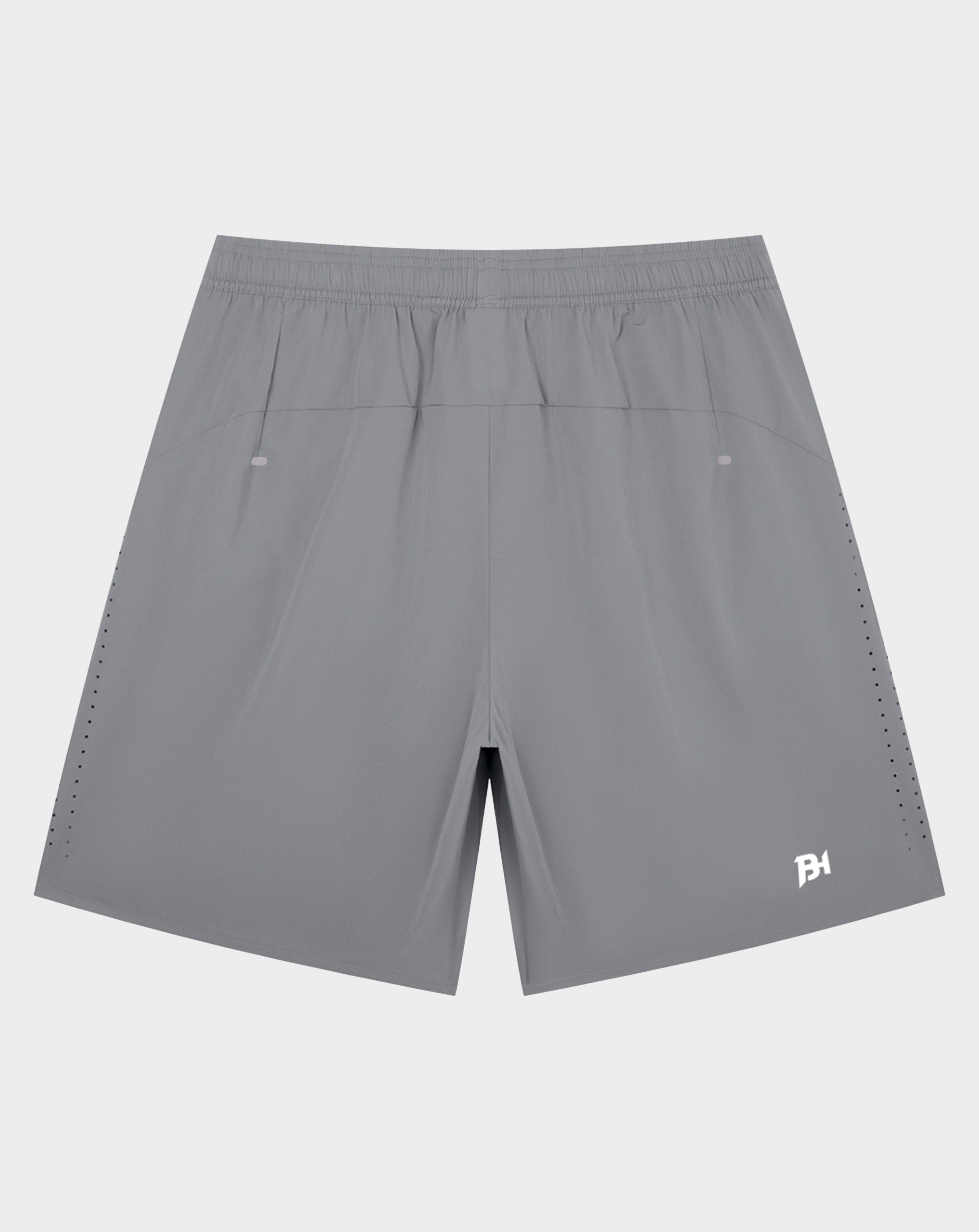 Black sweat shorts with a white graphic print on the lower right leg, featuring a drawstring waist and side pockets, shown against a light gray background.