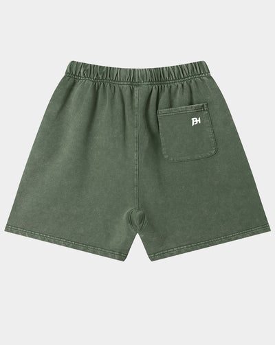 Olive green denim shorts with an elastic waistband, a side pocket, and a small white embroidered 'BH' logo on the pocket, shown against a light gray background.