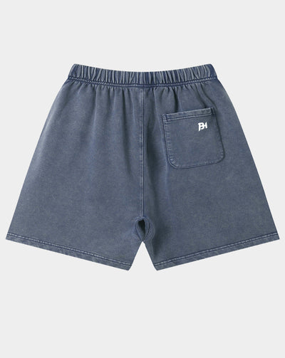 A pair of washed blue denim shorts with an elastic waistband, a side pocket, and a small white embroidered 'BH' logo on the back pocket, shown against a light gray background.