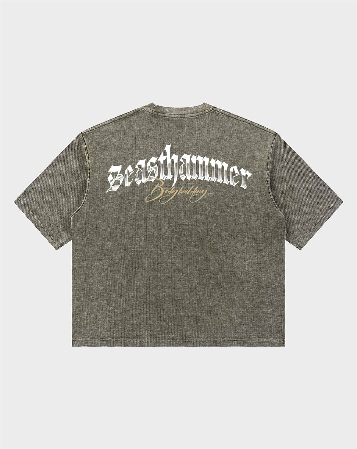 BEASTHAMMER Waffle boxy t-shirt in mottled dark green, back view with BEASTHAMMER print