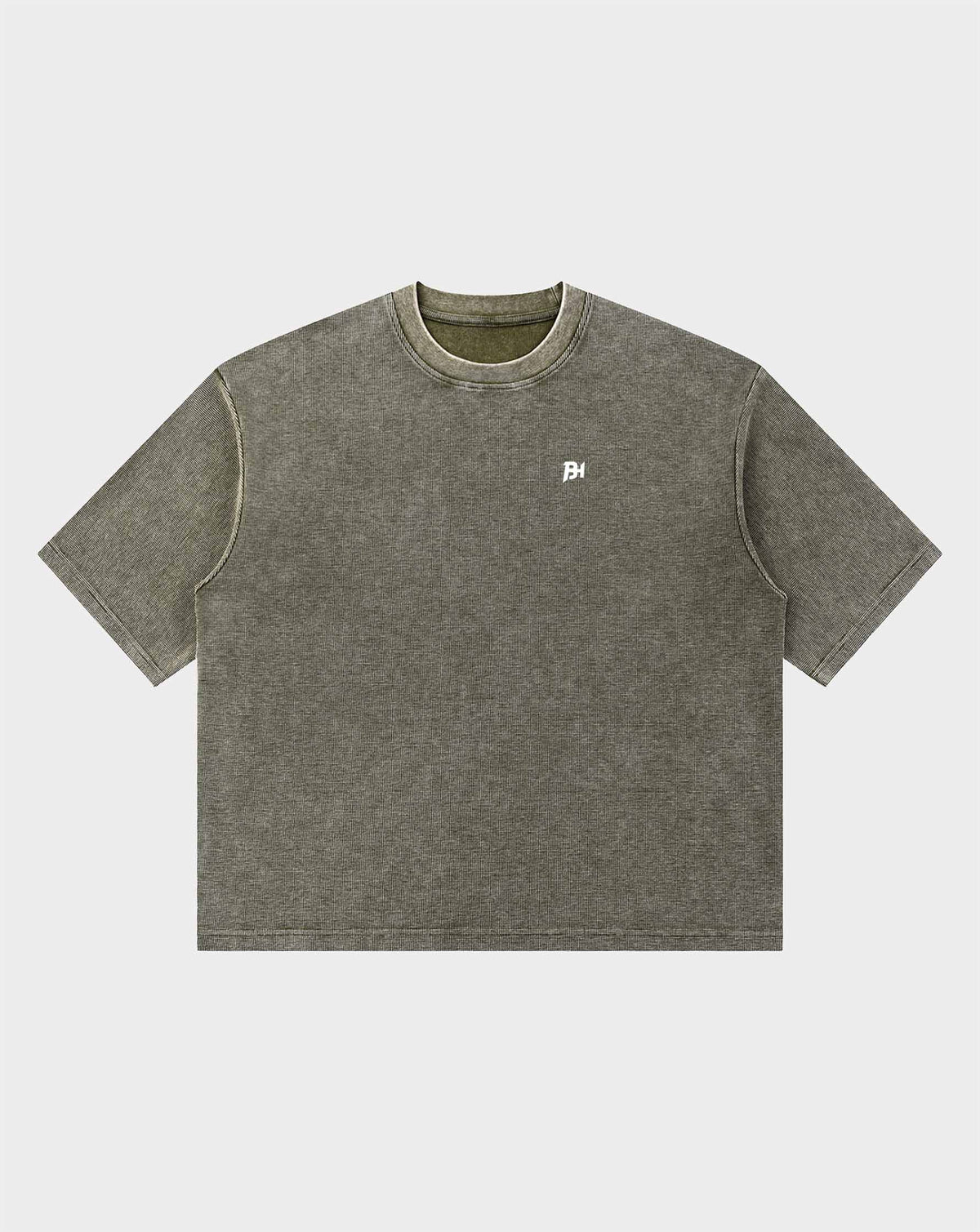BEASTHAMMER Waffle boxy t-shirt in mottled dark green, front view with chest logo