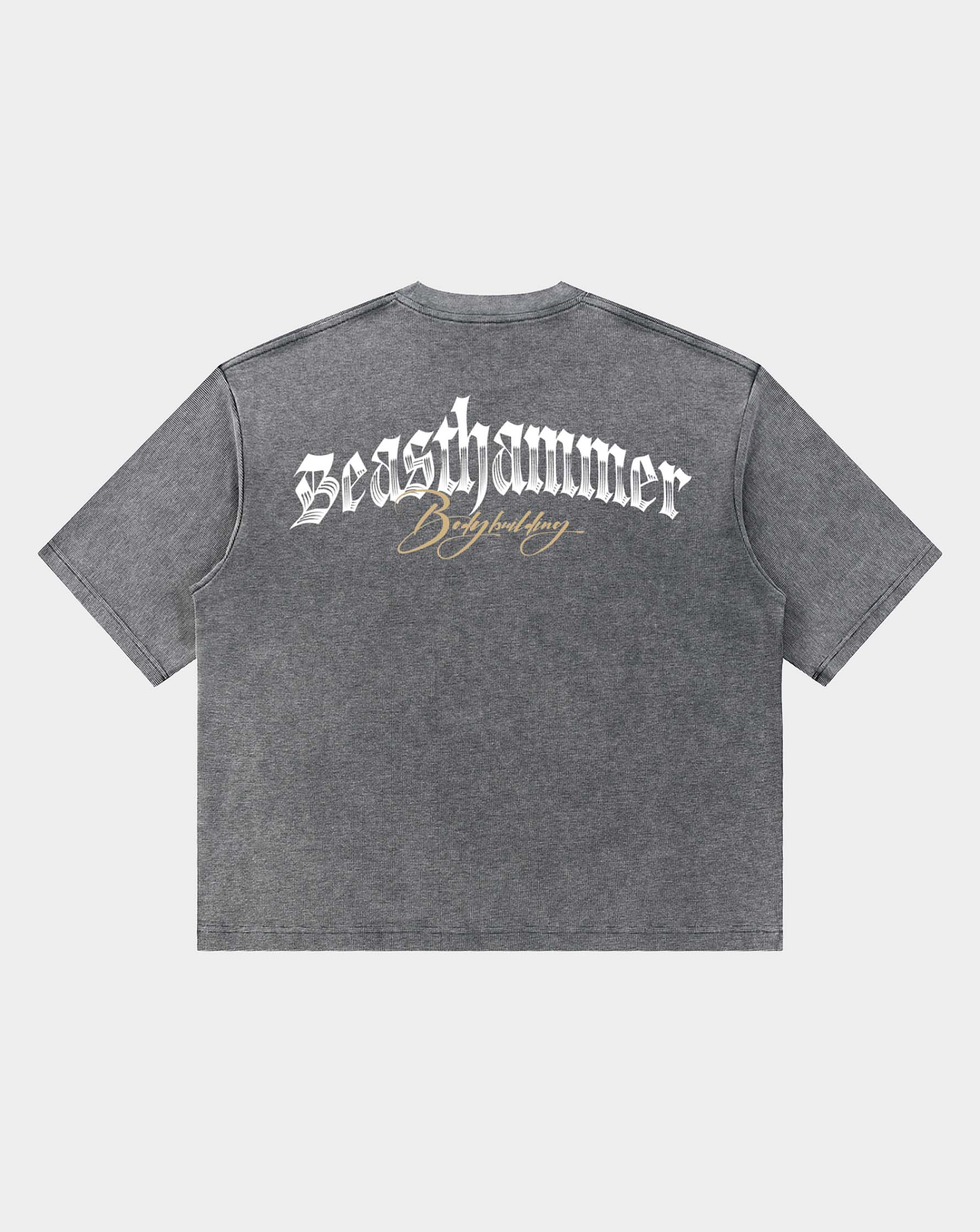 BEASTHAMMER Waffle boxy t-shirt in mottled grey, back view with BEASTHAMMER print