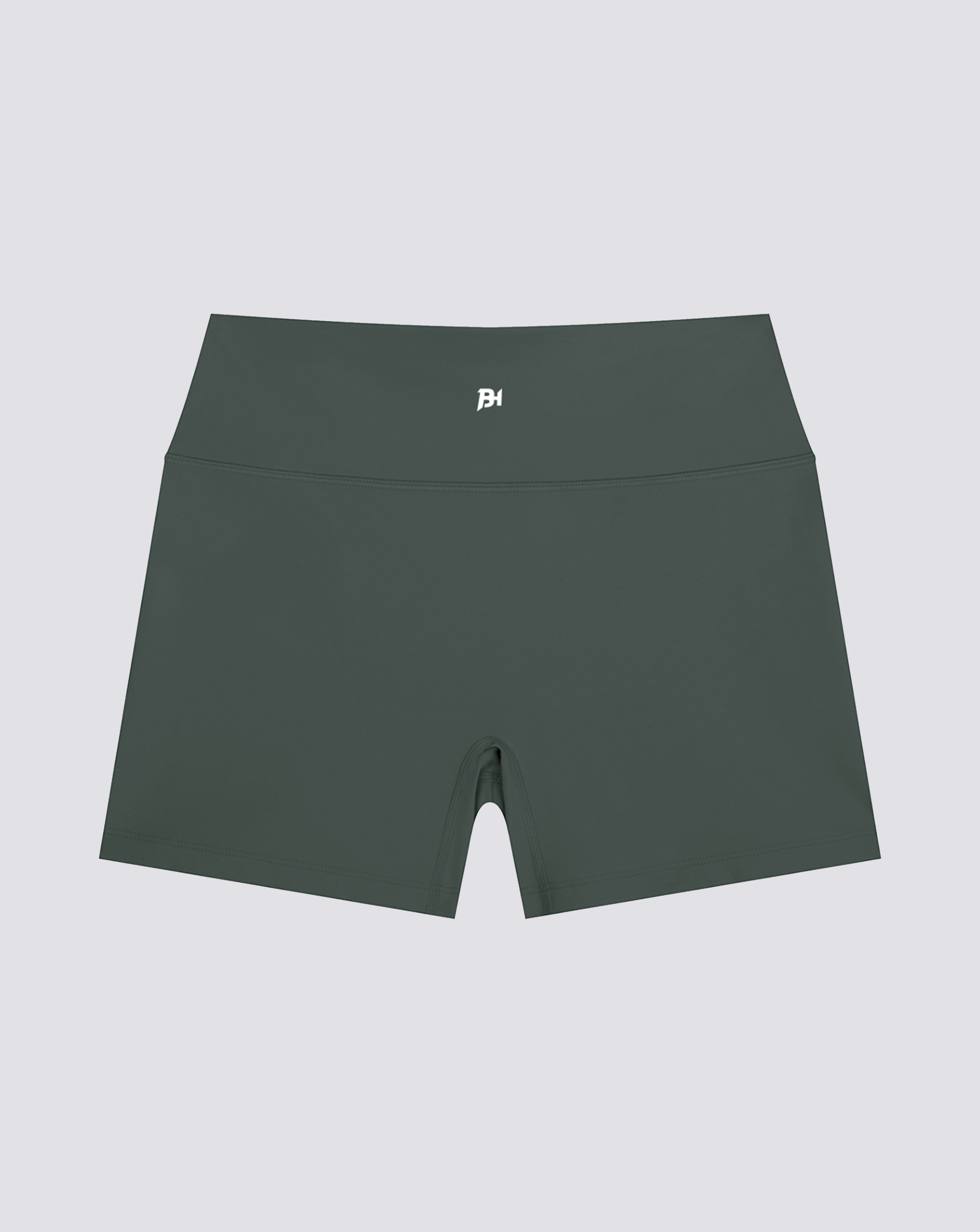 BEASTHAMMER Form high rise shorts in green, worn front view
