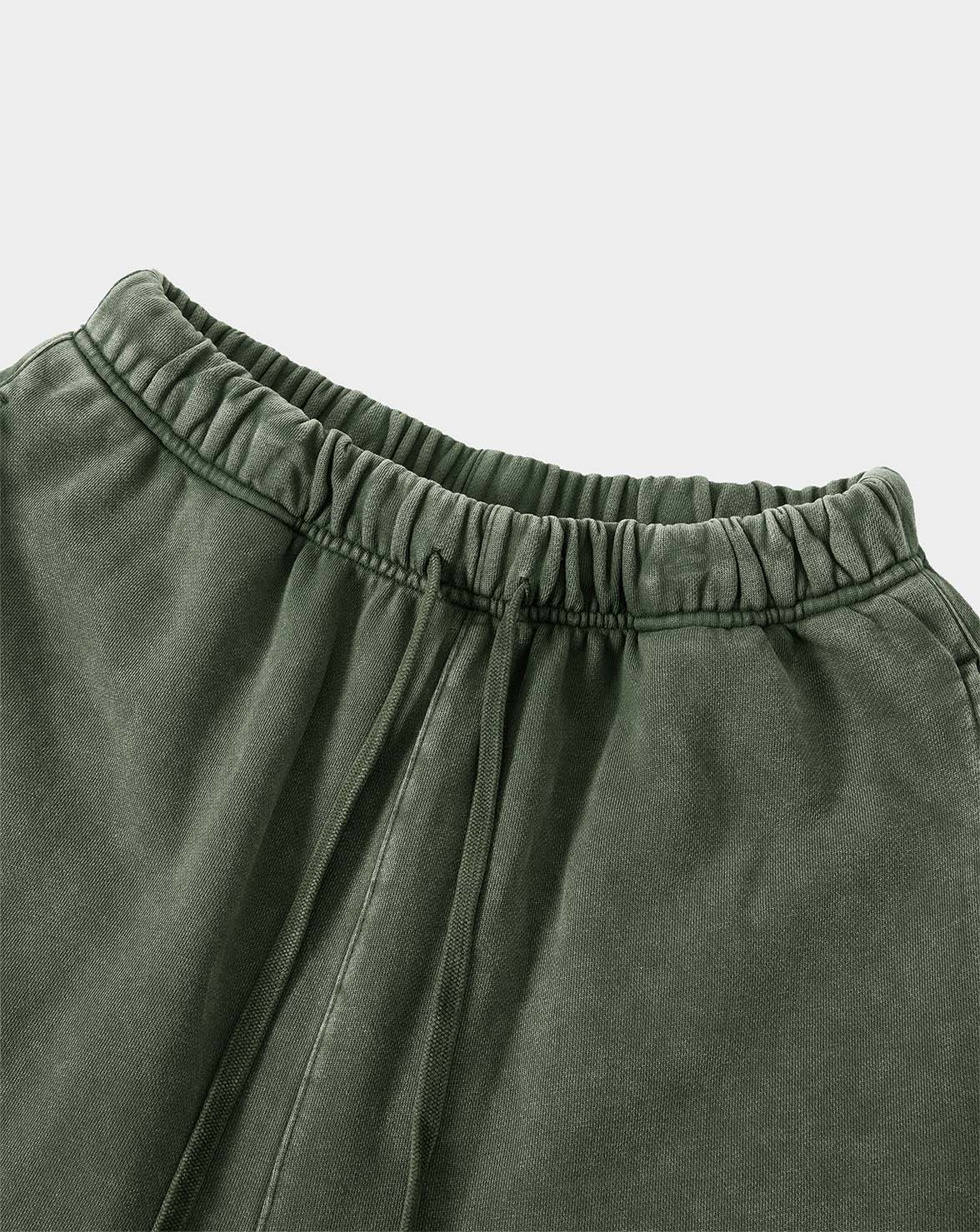 BEASTHAMMER Legacy Vintage shorts in faded olive green, close view of elasticated waistband